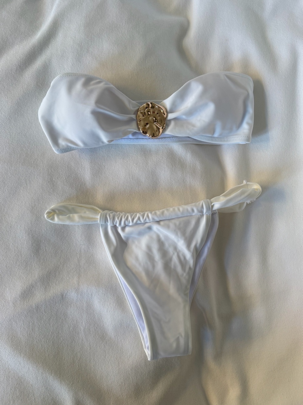 SHEIN White Bandeau Bikini Set with Gold Accent